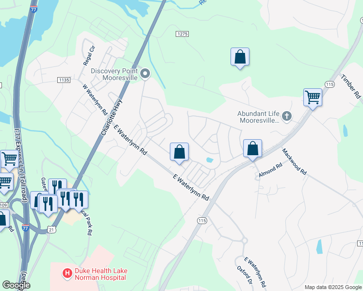 map of restaurants, bars, coffee shops, grocery stores, and more near 109 Silverspring Place in Mooresville