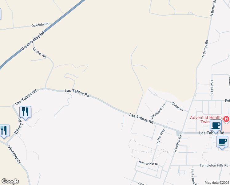 map of restaurants, bars, coffee shops, grocery stores, and more near 115 Los Robles Road in Templeton