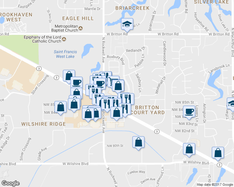 map of restaurants, bars, coffee shops, grocery stores, and more near 6951 Northwest Expressway Street in Oklahoma City