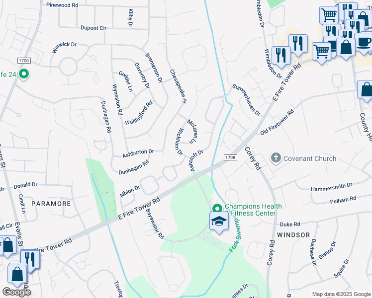map of restaurants, bars, coffee shops, grocery stores, and more near 3104 McLaren Lane in Winterville