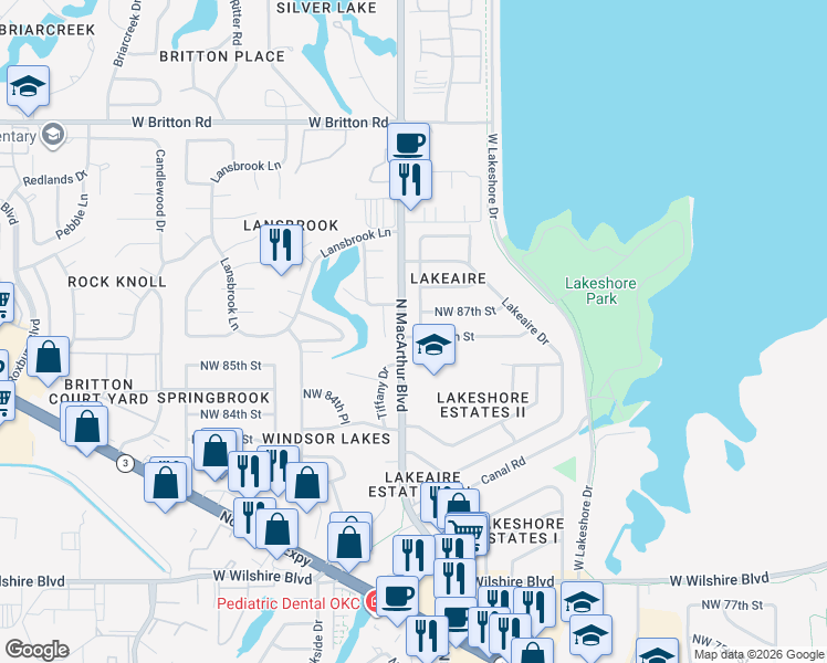 map of restaurants, bars, coffee shops, grocery stores, and more near 5837 Northwest 86th Street in Oklahoma City