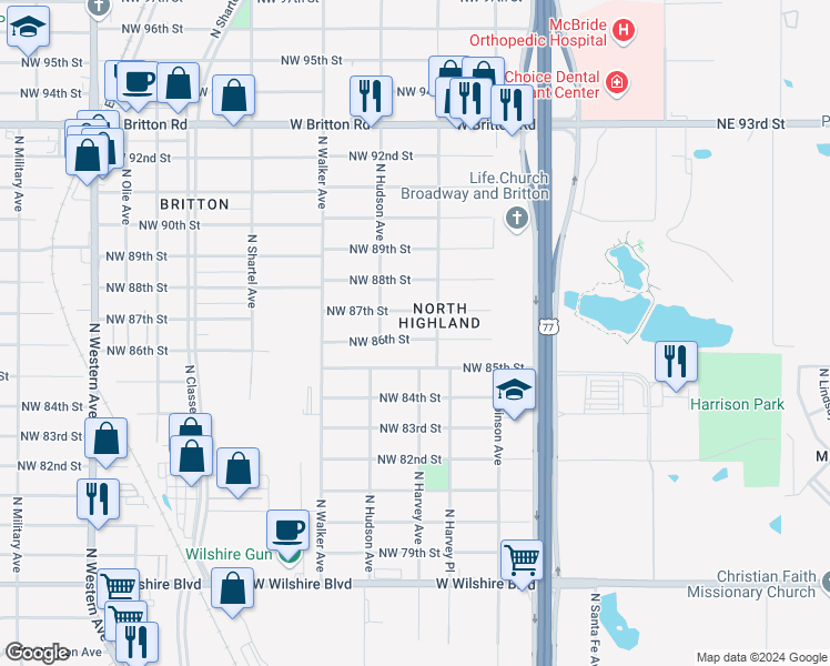 map of restaurants, bars, coffee shops, grocery stores, and more near 317 Northwest 86th Street in Oklahoma City