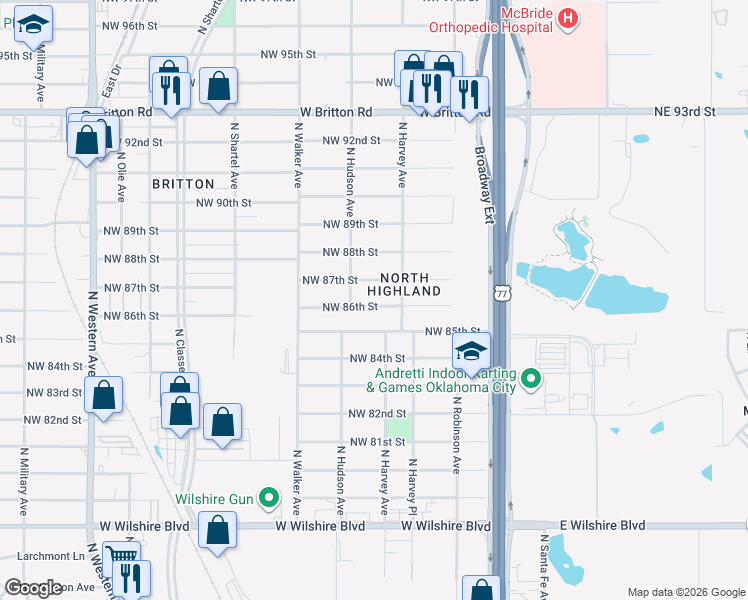 map of restaurants, bars, coffee shops, grocery stores, and more near 333 Northwest 86th Street in Oklahoma City