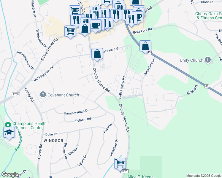 map of restaurants, bars, coffee shops, grocery stores, and more near 2409 County Home Road in Greenville