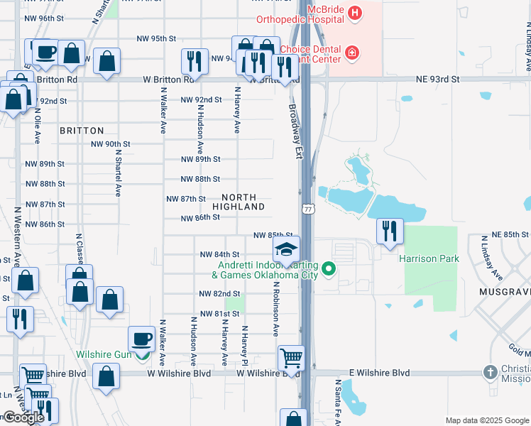 map of restaurants, bars, coffee shops, grocery stores, and more near 213 Northwest 86th Street in Oklahoma City