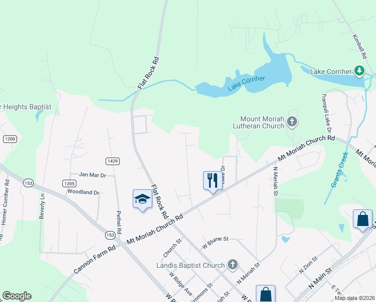map of restaurants, bars, coffee shops, grocery stores, and more near 1260 Partee Drive in China Grove