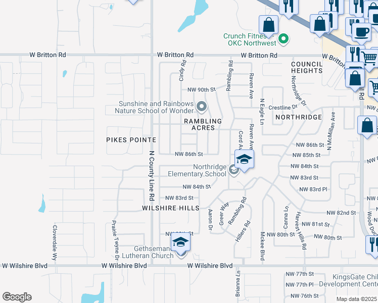 map of restaurants, bars, coffee shops, grocery stores, and more near 8709 Northwest 86th Street in Oklahoma City