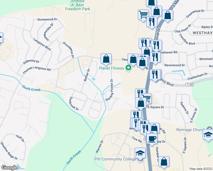 map of restaurants, bars, coffee shops, grocery stores, and more near 3822 Sterling Pointe Drive in Winterville