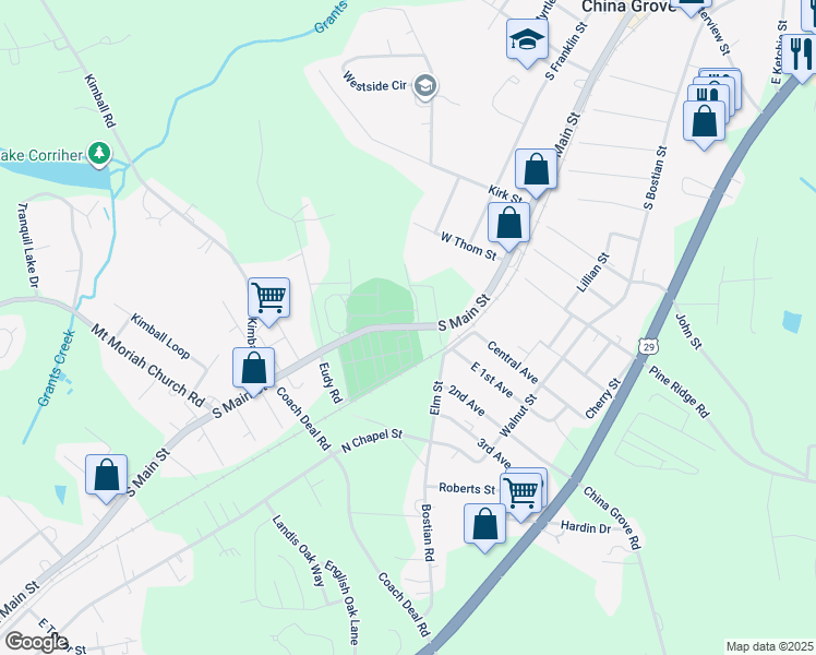 map of restaurants, bars, coffee shops, grocery stores, and more near 1755 South Main Street in China Grove