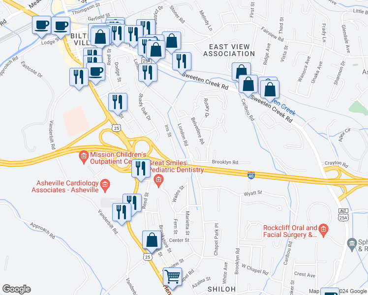 map of restaurants, bars, coffee shops, grocery stores, and more near 217 London Road in Asheville