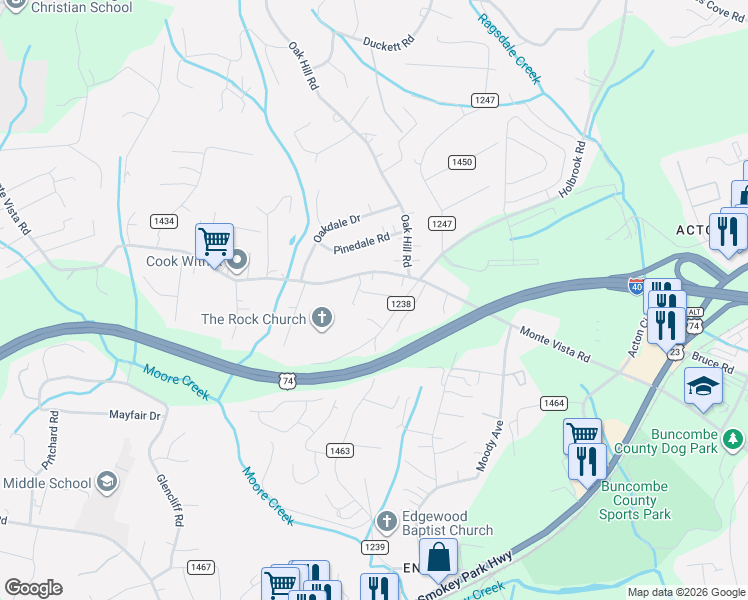 map of restaurants, bars, coffee shops, grocery stores, and more near 15 Everwood Drive in Candler