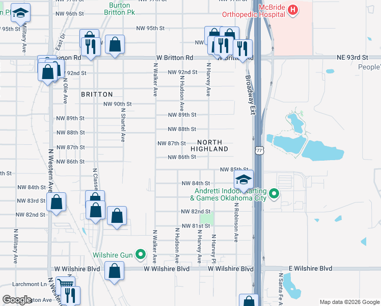 map of restaurants, bars, coffee shops, grocery stores, and more near 333 Northwest 86th Street in Oklahoma City