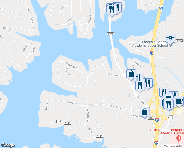 map of restaurants, bars, coffee shops, grocery stores, and more near Ponderosa Circle in Mooresville