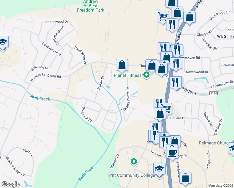 map of restaurants, bars, coffee shops, grocery stores, and more near 3818 Sterling Pointe Drive in Winterville