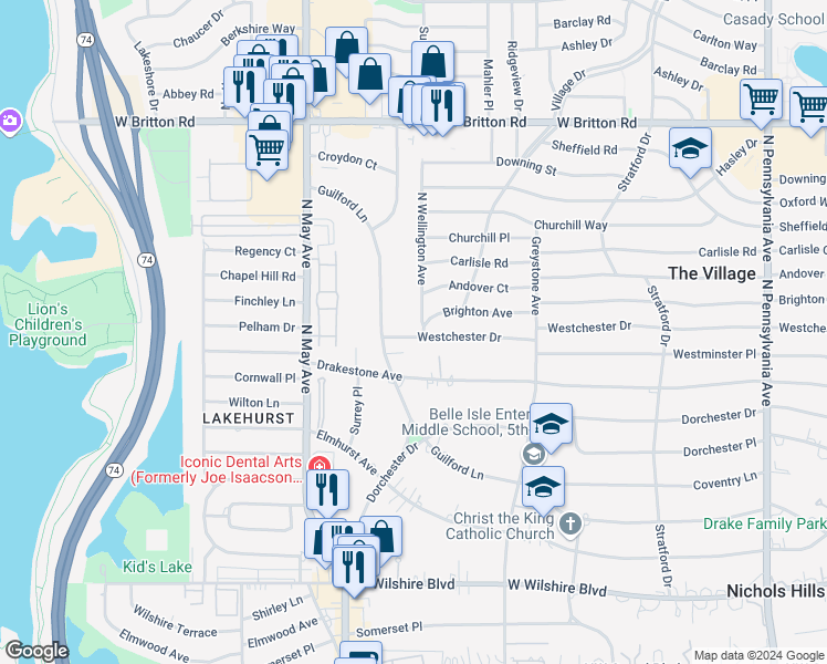 map of restaurants, bars, coffee shops, grocery stores, and more near 2305 Westchester Drive in The Village