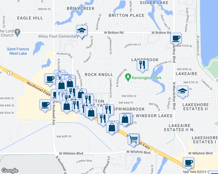 map of restaurants, bars, coffee shops, grocery stores, and more near 8701 Candlewood Drive in Oklahoma City