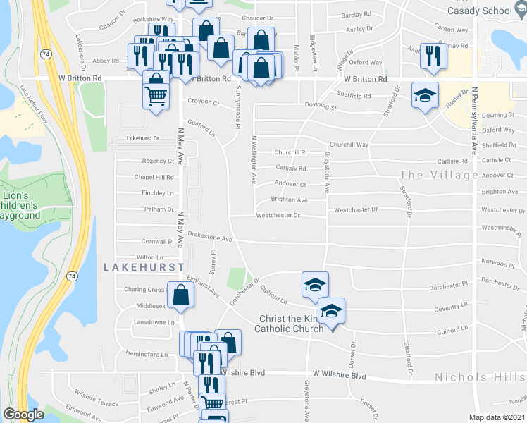 map of restaurants, bars, coffee shops, grocery stores, and more near 2237 Westchester Dr in Oklahoma City