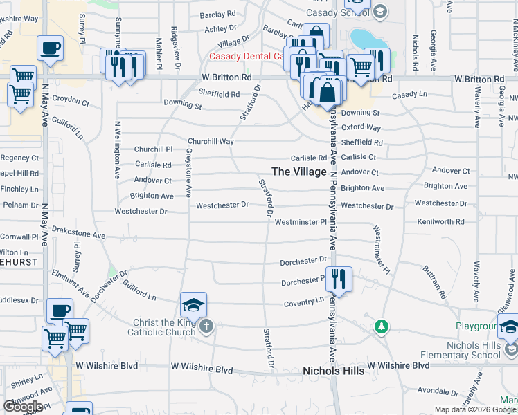 map of restaurants, bars, coffee shops, grocery stores, and more near 1812 Westchester Drive in The Village