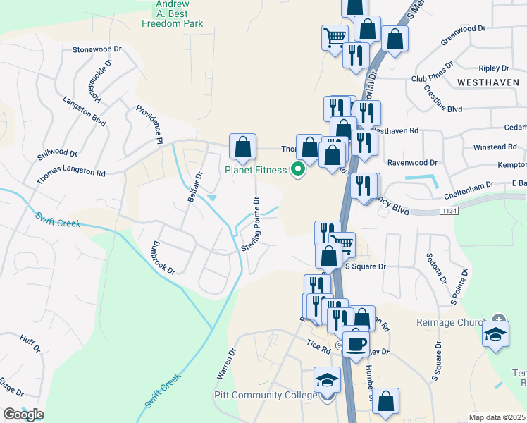 map of restaurants, bars, coffee shops, grocery stores, and more near 3815 Sterling Pointe Drive in Winterville