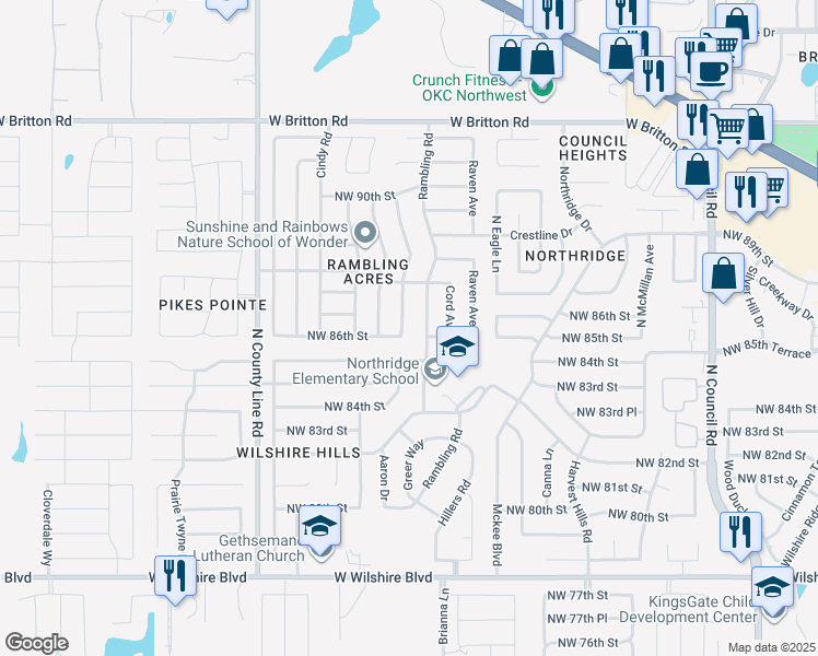 map of restaurants, bars, coffee shops, grocery stores, and more near 8700 Tilman Drive in Oklahoma City