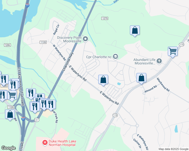 map of restaurants, bars, coffee shops, grocery stores, and more near 140 Glade Valley Avenue in Mooresville