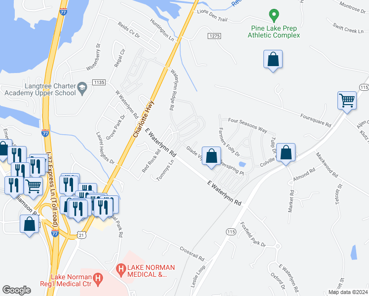 map of restaurants, bars, coffee shops, grocery stores, and more near 149 Glade Valley Ave in Mooresville