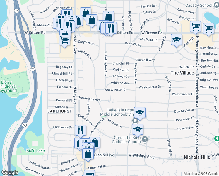 map of restaurants, bars, coffee shops, grocery stores, and more near 2221 Westchester Drive in The Village