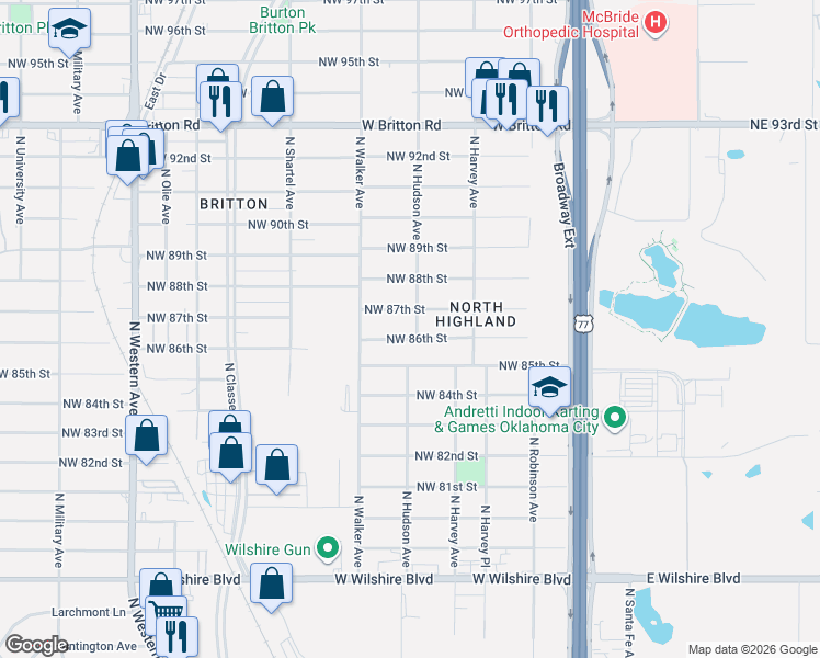 map of restaurants, bars, coffee shops, grocery stores, and more near 411 Northwest 86th Street in Oklahoma City