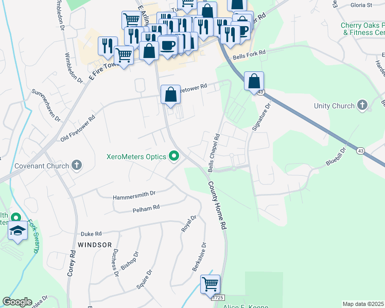 map of restaurants, bars, coffee shops, grocery stores, and more near 2405 County Home Road in Greenville