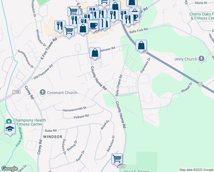 map of restaurants, bars, coffee shops, grocery stores, and more near 2405 County Home Road in Greenville
