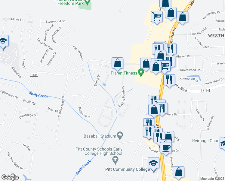 map of restaurants, bars, coffee shops, grocery stores, and more near 3822 Sterling Pointe Drive in Winterville