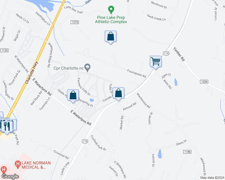 map of restaurants, bars, coffee shops, grocery stores, and more near 112 Tulip Drive in Mooresville