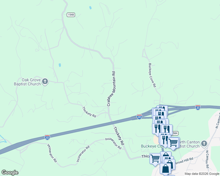 map of restaurants, bars, coffee shops, grocery stores, and more near 229 Crabtree Mountain Road in Canton