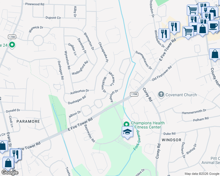 map of restaurants, bars, coffee shops, grocery stores, and more near 3108 McLaren Lane in Winterville