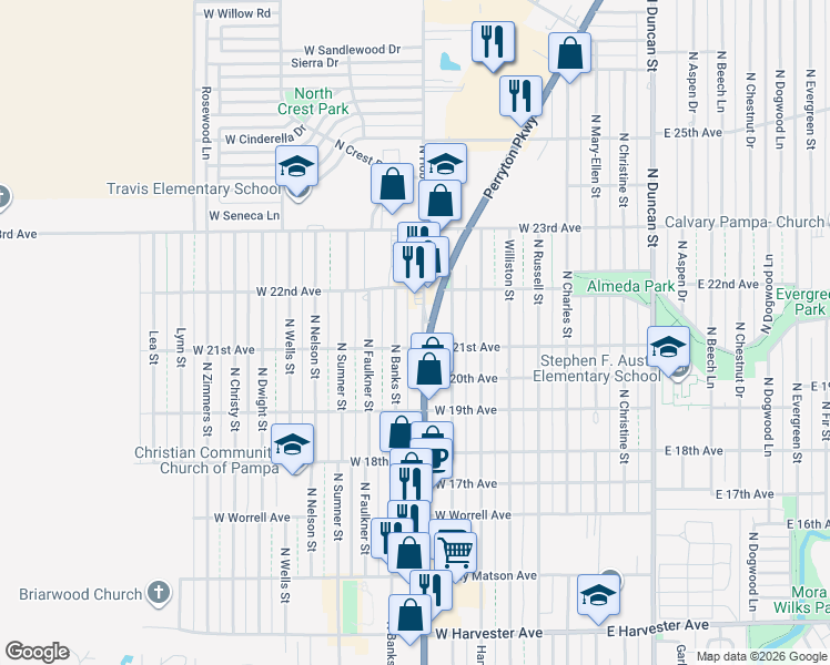 map of restaurants, bars, coffee shops, grocery stores, and more near 2109 North Hobart Street in Pampa