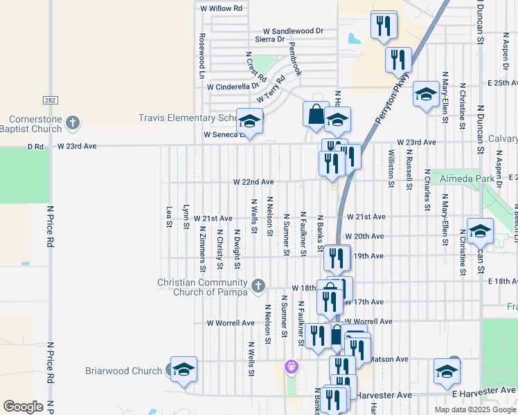 map of restaurants, bars, coffee shops, grocery stores, and more near 2100-2198 North Wells Street in Pampa