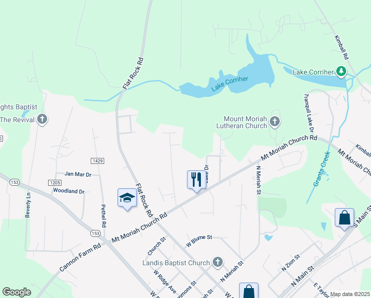 map of restaurants, bars, coffee shops, grocery stores, and more near McNeely Street in China Grove