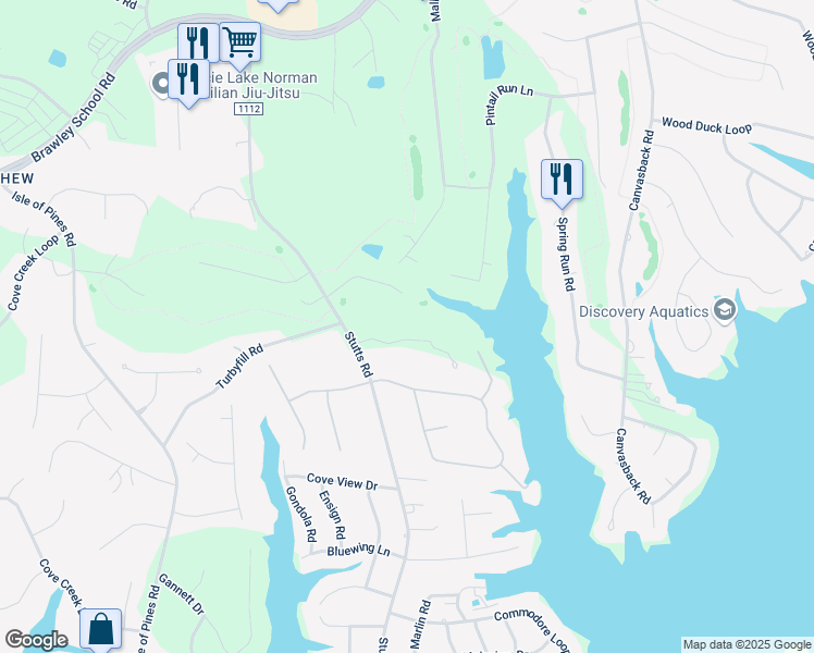 map of restaurants, bars, coffee shops, grocery stores, and more near 129 Bridlepath Lane in Mooresville