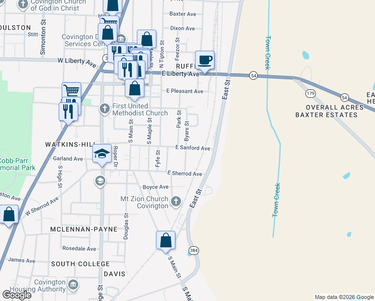 map of restaurants, bars, coffee shops, grocery stores, and more near 501 East Sanford Avenue in Covington