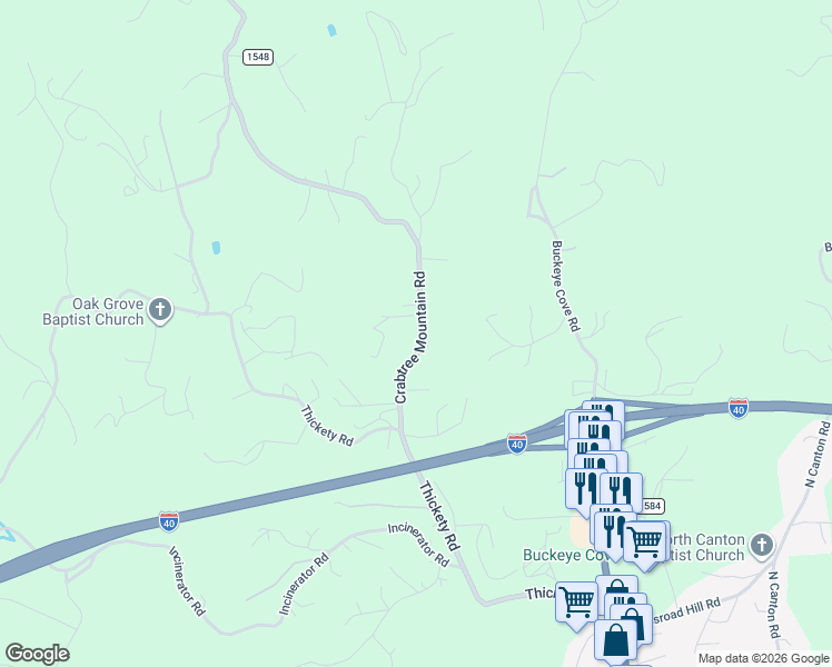 map of restaurants, bars, coffee shops, grocery stores, and more near 229 Crabtree Mountain Road in Canton