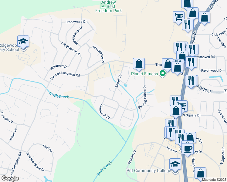 map of restaurants, bars, coffee shops, grocery stores, and more near 1308 Wanetas Court in Winterville