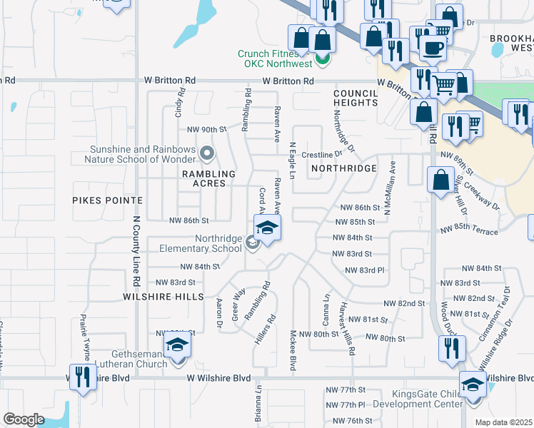 map of restaurants, bars, coffee shops, grocery stores, and more near 8704 Cord Avenue in Oklahoma City