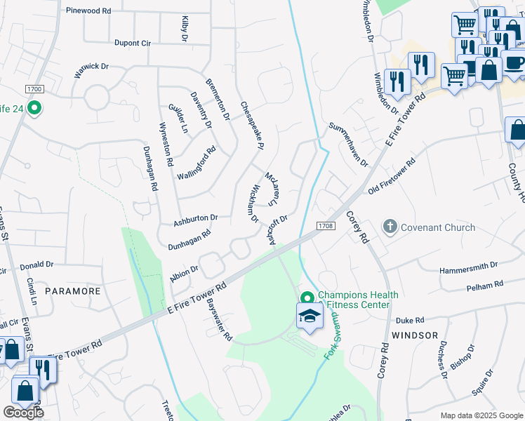 map of restaurants, bars, coffee shops, grocery stores, and more near 3104 McLaren Lane in Winterville
