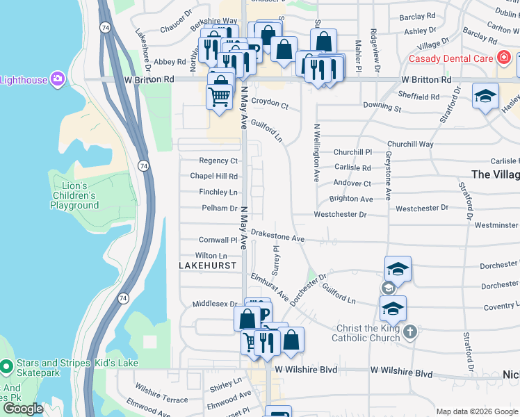 map of restaurants, bars, coffee shops, grocery stores, and more near 8630 North May Avenue in Oklahoma City