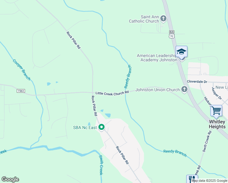 map of restaurants, bars, coffee shops, grocery stores, and more near 582 Little Creek Church Road in Clayton