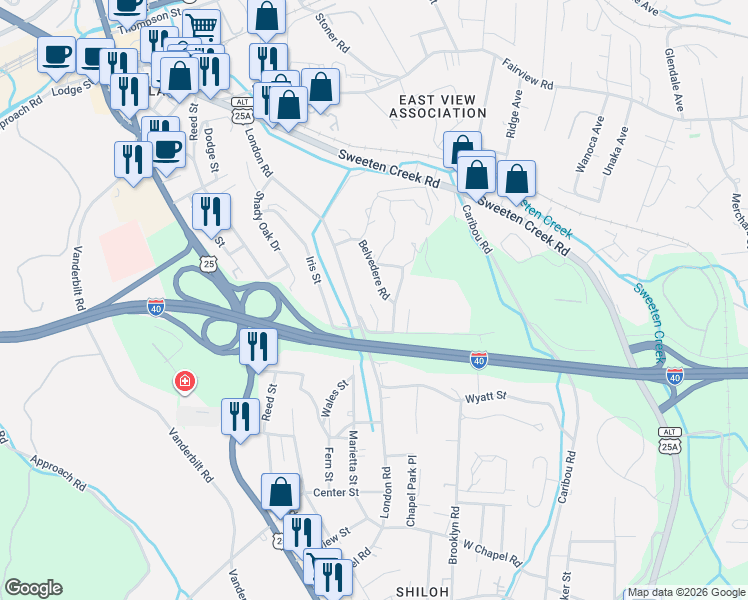 map of restaurants, bars, coffee shops, grocery stores, and more near 243 Brooklyn Lane in Asheville
