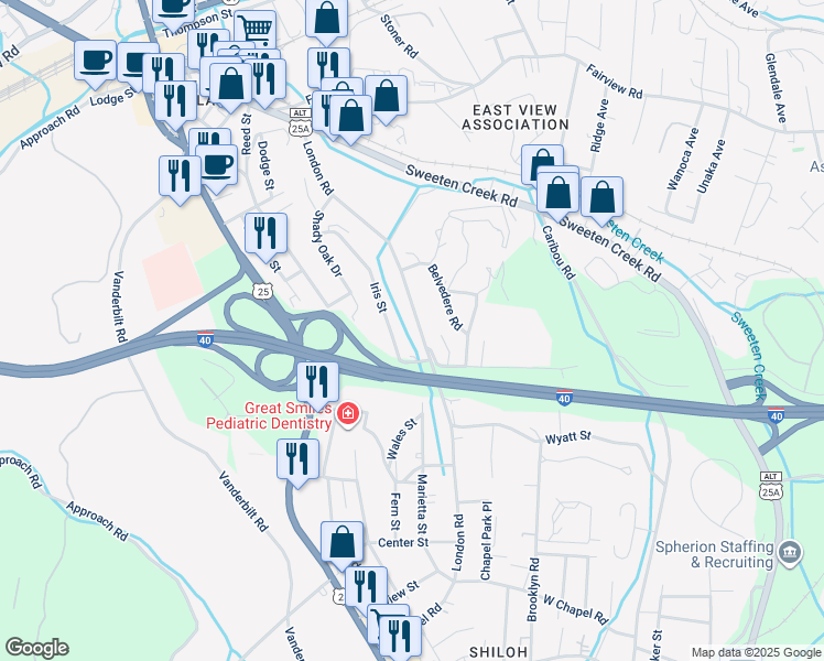 map of restaurants, bars, coffee shops, grocery stores, and more near 24 Iris Street in Asheville