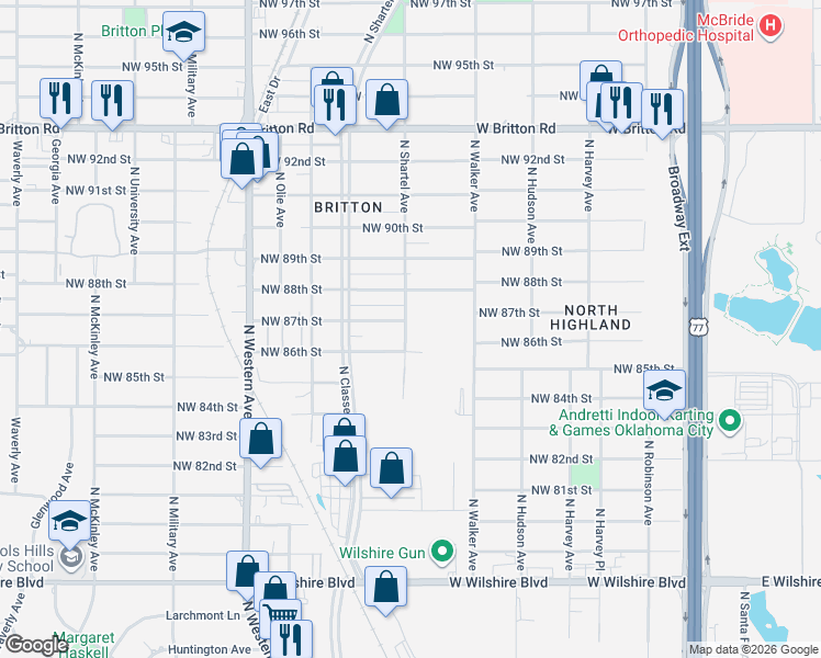 map of restaurants, bars, coffee shops, grocery stores, and more near 704 Northwest 87th Street in Oklahoma City