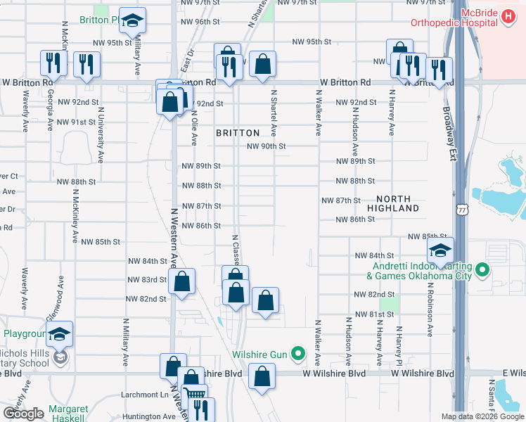 map of restaurants, bars, coffee shops, grocery stores, and more near 704 Northwest 87th Street in Oklahoma City