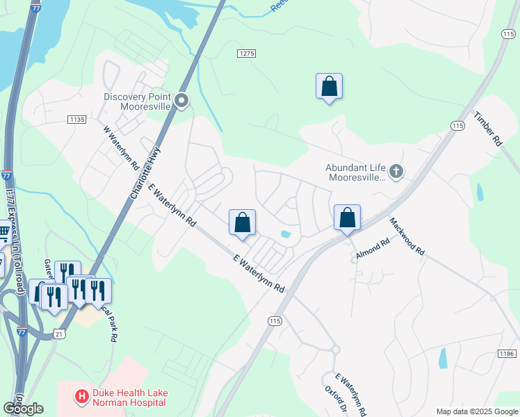map of restaurants, bars, coffee shops, grocery stores, and more near 131 Farmers Folly Drive in Mooresville